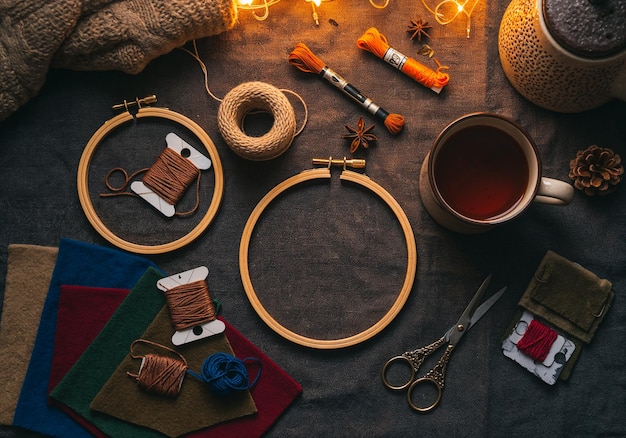 Zestawy haftu i nici ułożone na stole